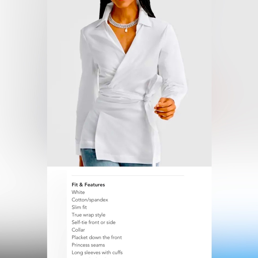 White Cabi - crisp, cotton/spandex wrap front blouse